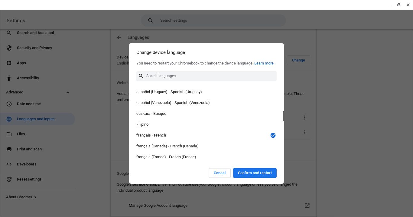 Menu de configurações de idioma do Chromebook