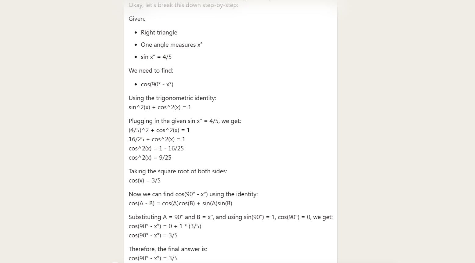 screenshot of claude response to trigonometry prompt