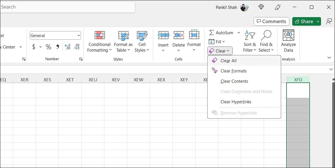 Очистить последний столбец Excel