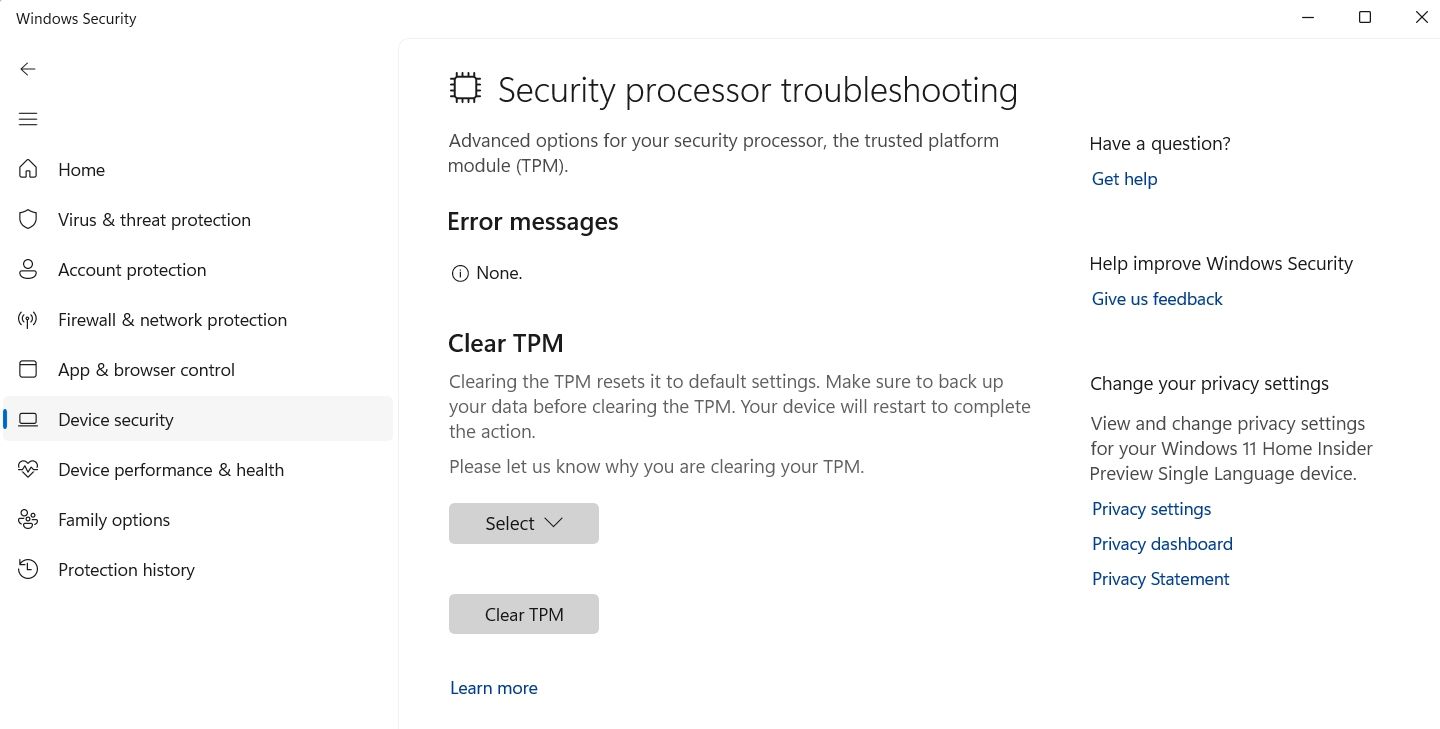 Кнопка Очистить TPM в системе безопасности Windows
