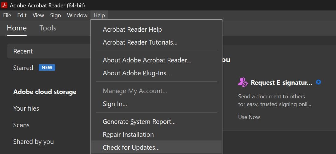 برای به روز رسانی Adobe Acrobat Reader به آخرین نسخه، روی Check for Updates کلیک کنید