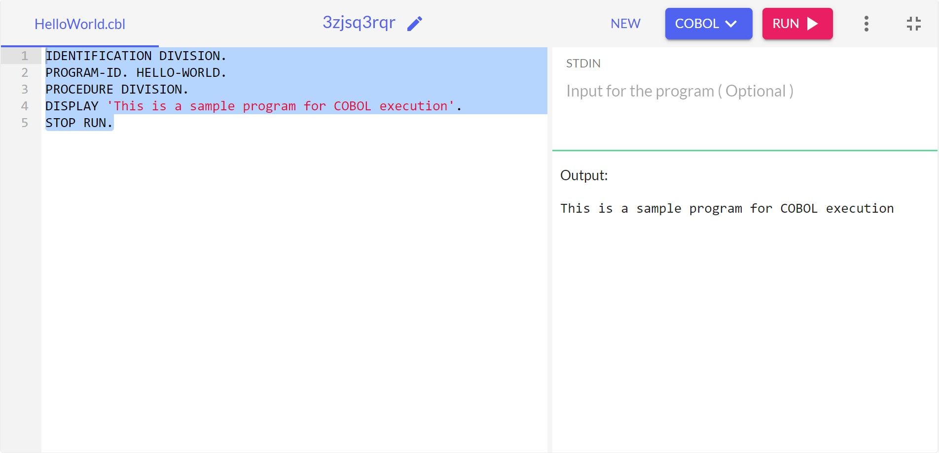 Snippet de código de um compilador de linguagem online mostrando a execução e saída do COBOL