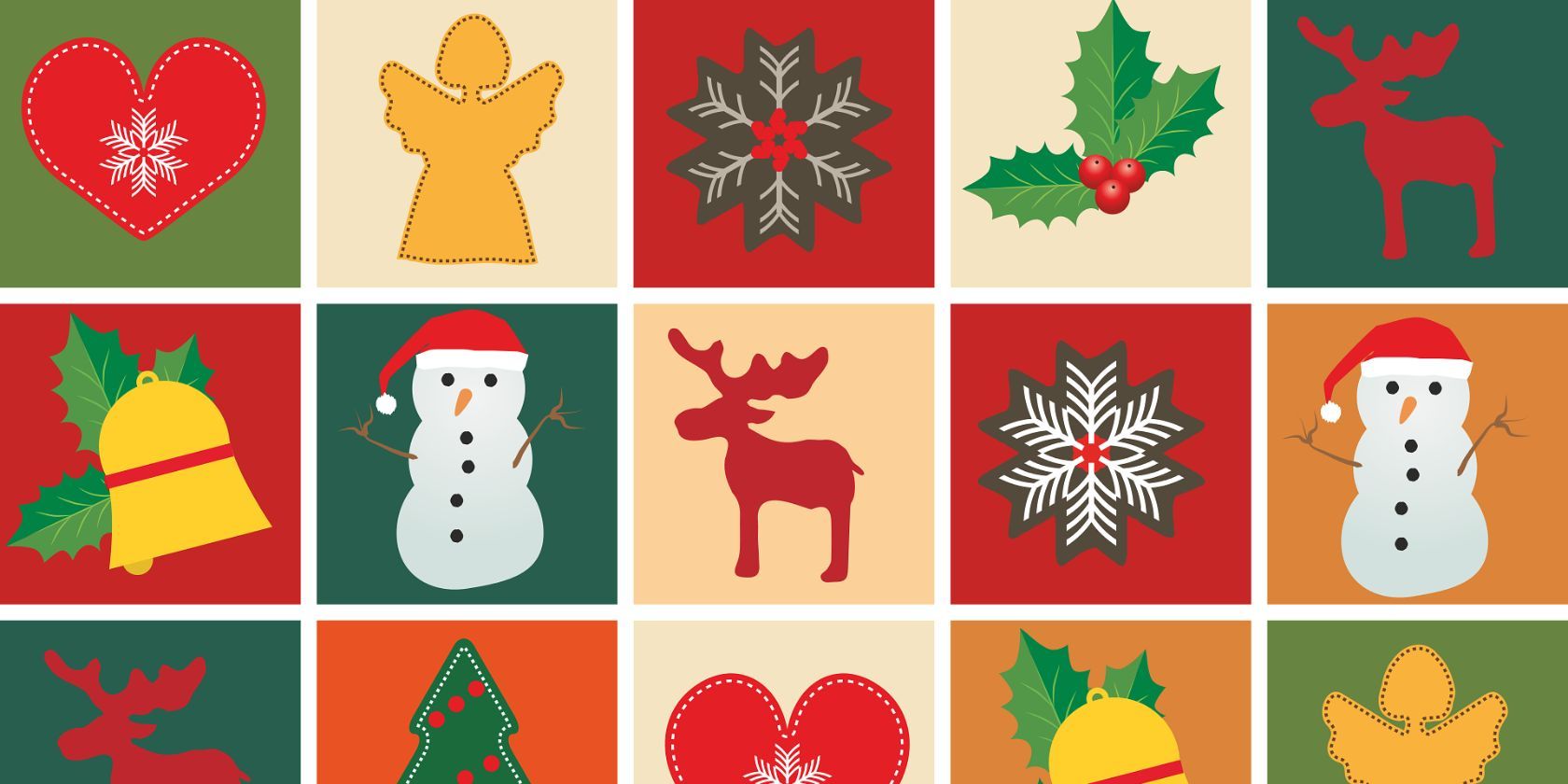 Collage image of Christmas items including snowmen, reindeer, and holly.