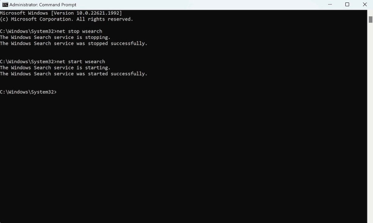 executing the cmd commands to restart the search service on Windows 11