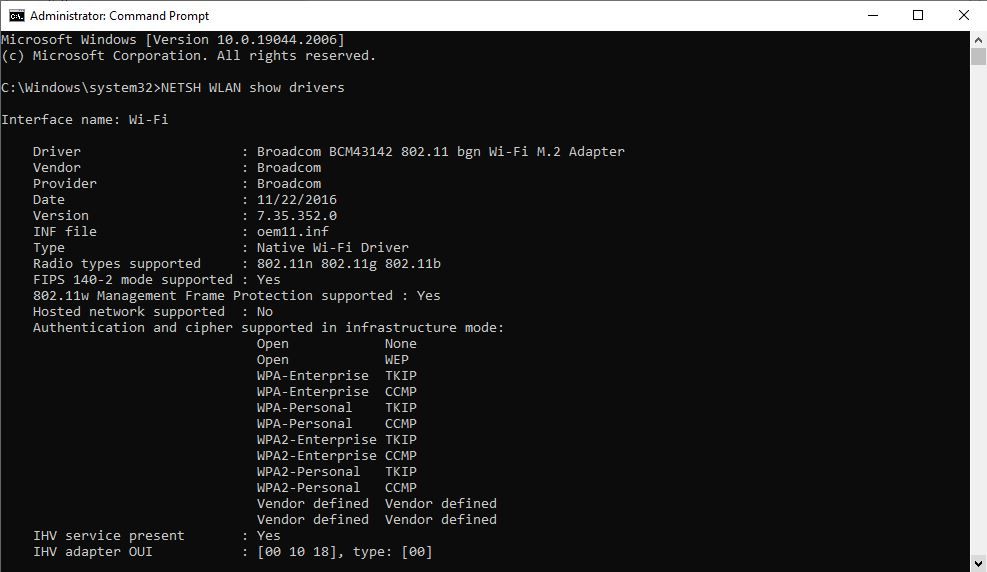 execution of the command NETSH WLAN show drivers in the CMD