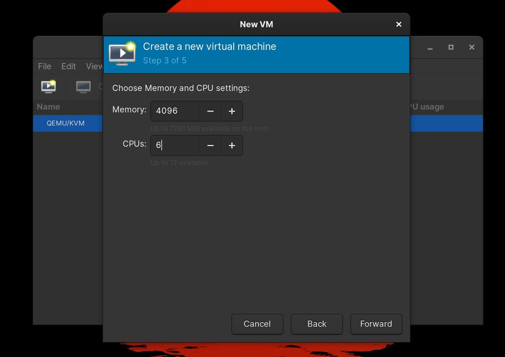 configure memory and cpus for kvm