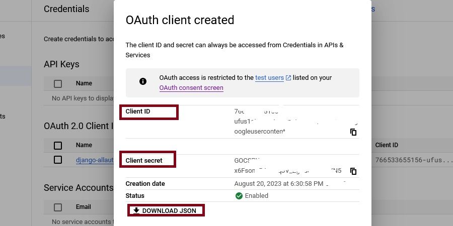 Copie ou baixe suas credenciais OAuth