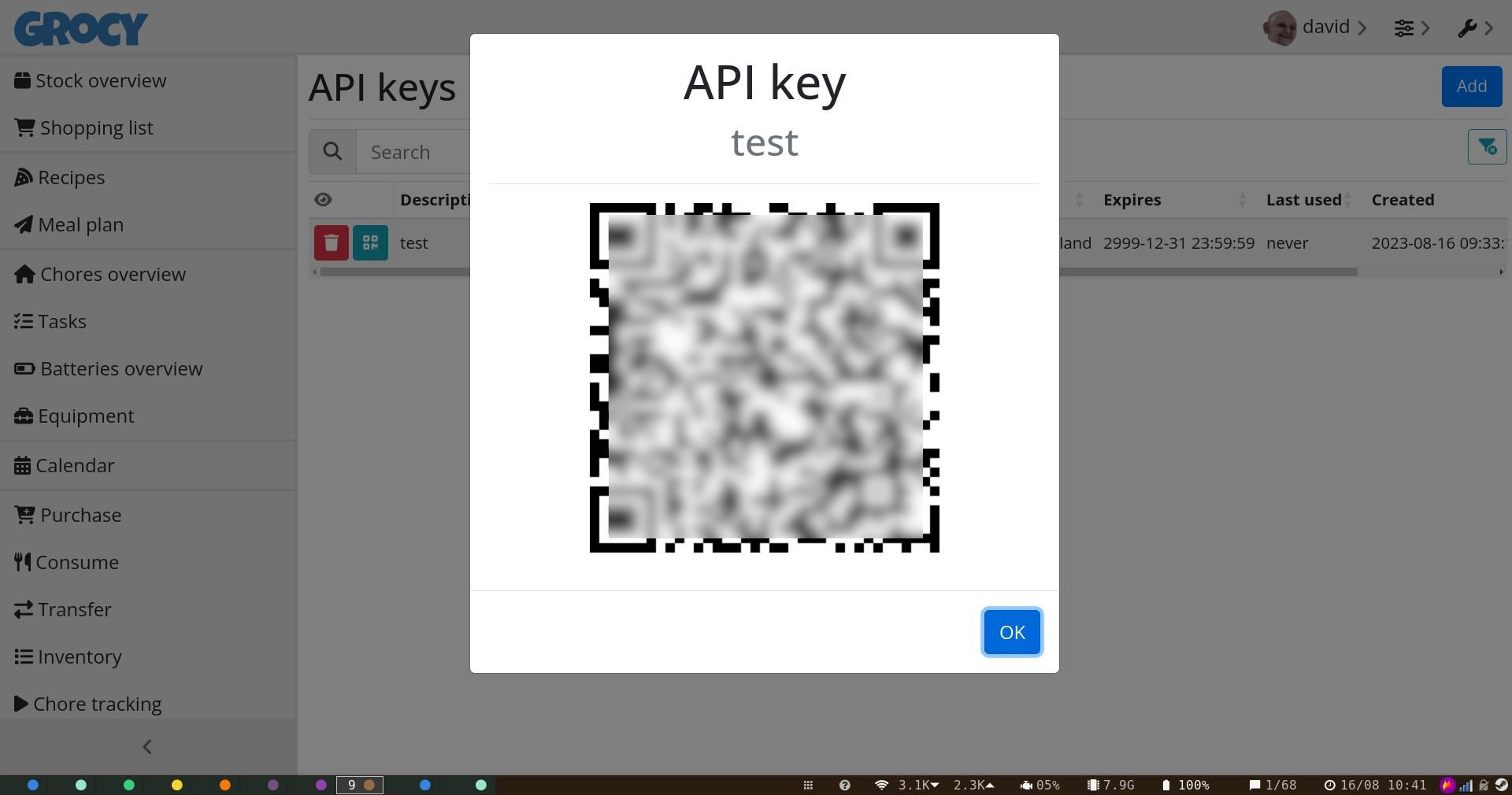 crie uma chave de API para conectar o Grocy ao celular
