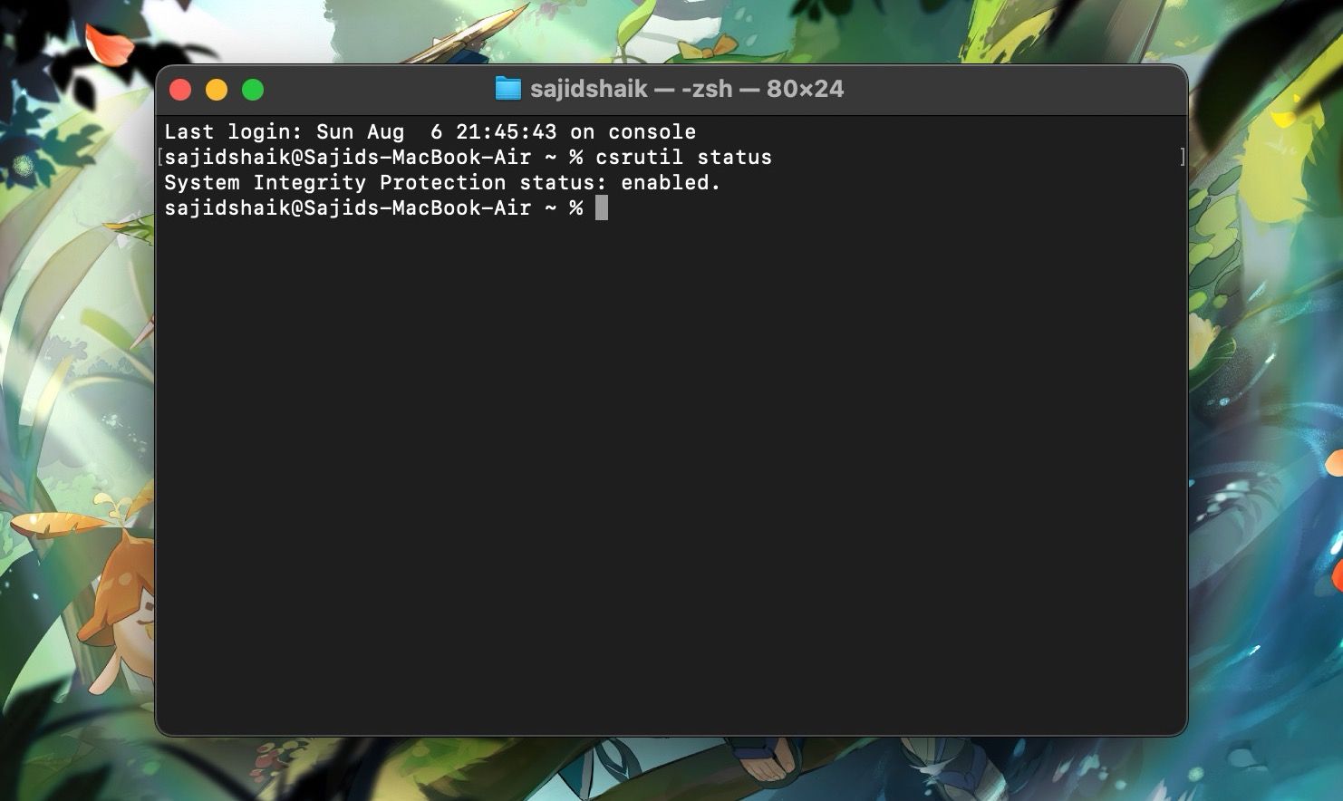 csrutil status command in macOS Terminal to check SIP status of Mac