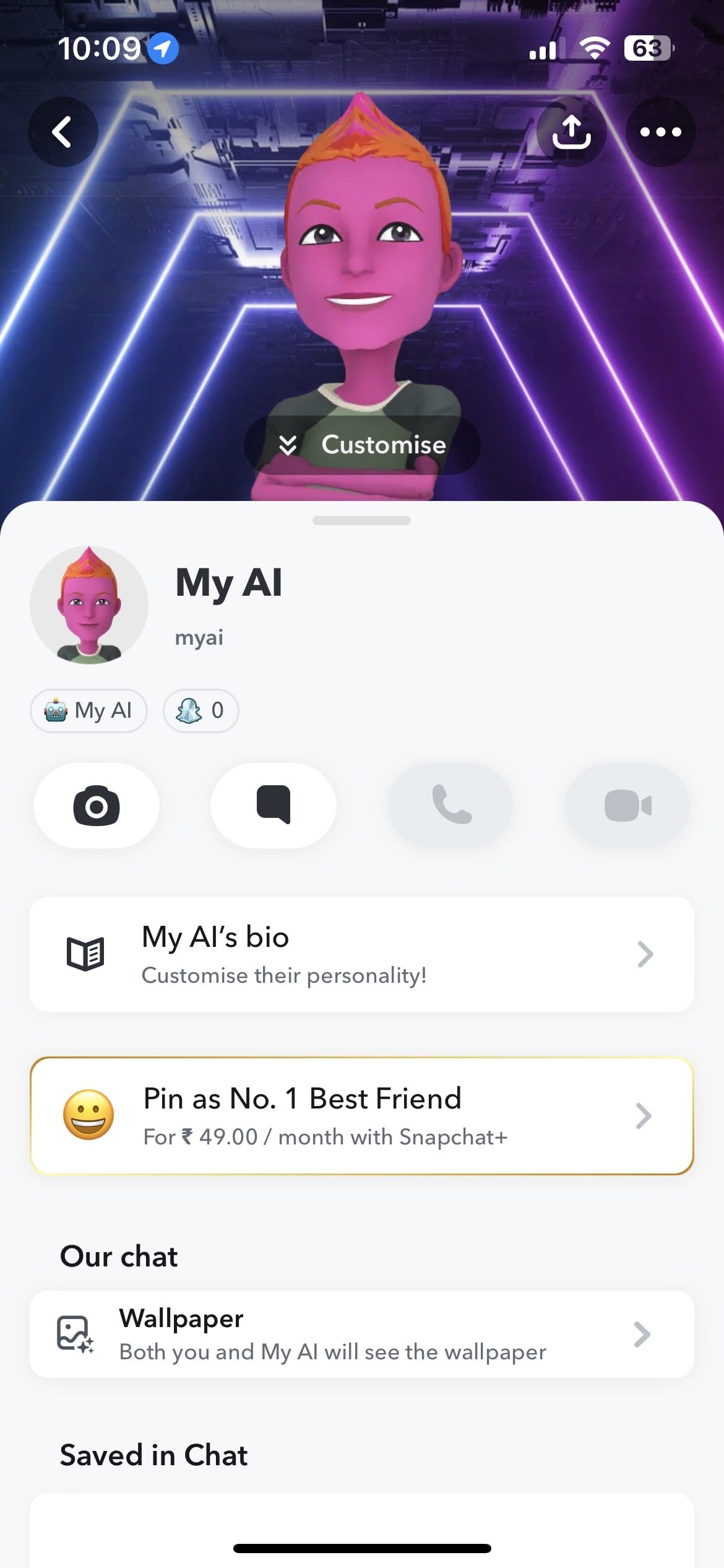 Opção de personalização no perfil My AI