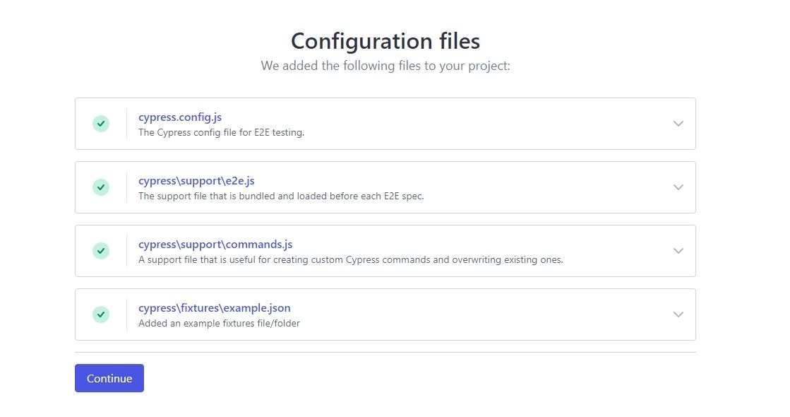 Uma lista de arquivos de configuração do Cypress exibidos no cliente de UI de teste do Cypress