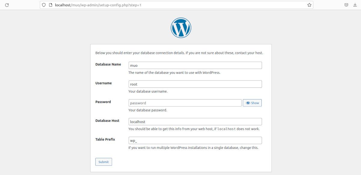 wordpress database and user details configuration