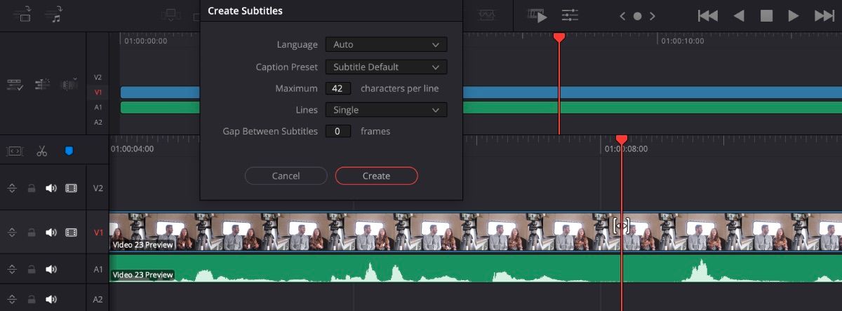 صفحه برش DaVinci Resolve ایجاد گزینه‌های زیرنویس باز است