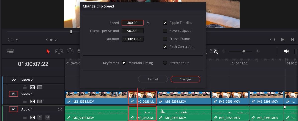 DaVinci Resolve Ripple جدول زمانی برای تغییر سرعت کلیپ