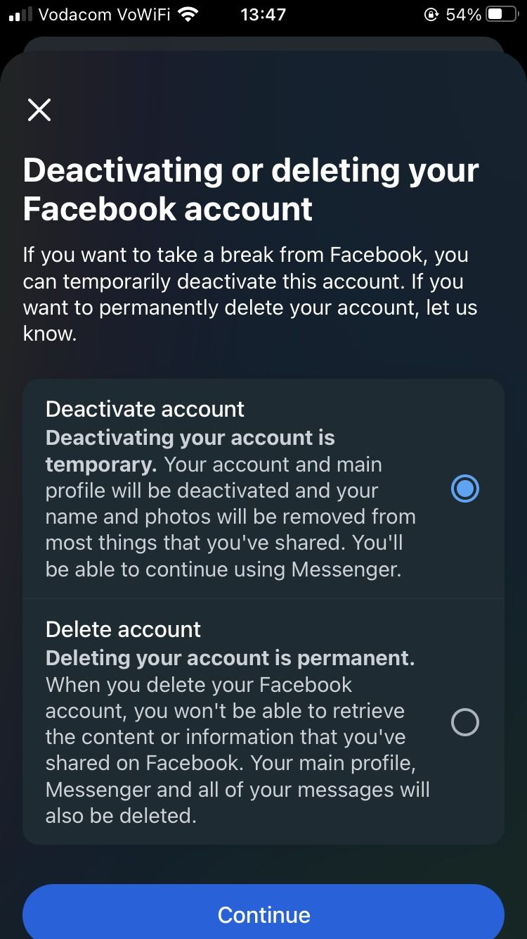Deactivating Facebook Account Settings Page