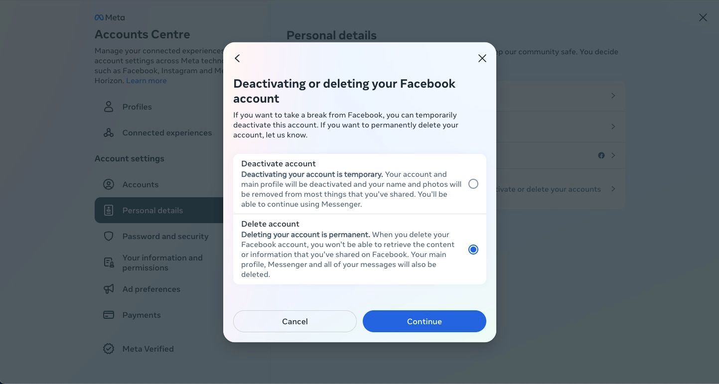 Deactivating or deleting your Facebook account prompt on Facebook web