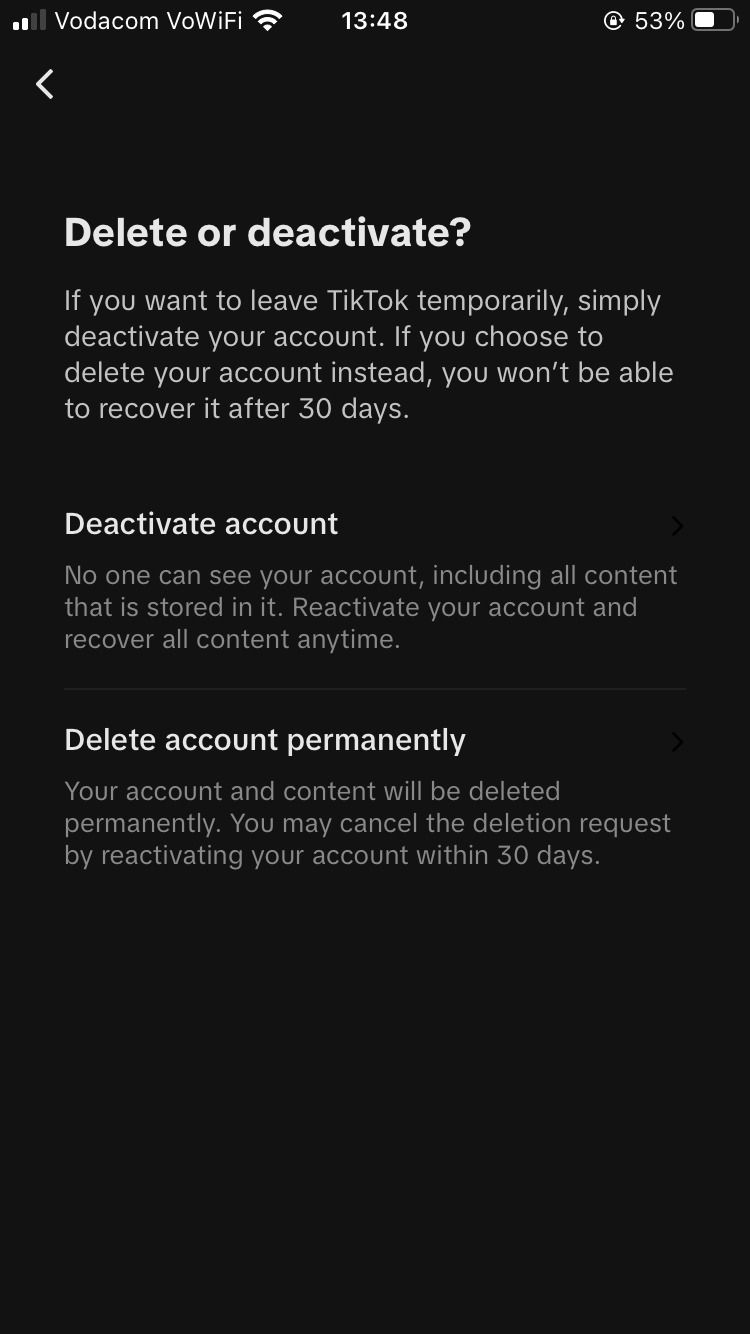 Deactivating TikTok Account Settings Page