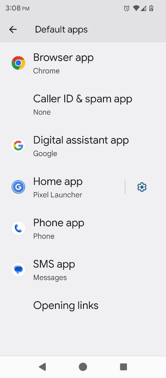 Default Apps page with all its options