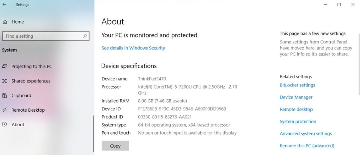 Check device specifications in Windows 10