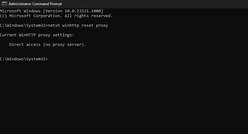 Mensagem de acesso direto (sem servidor proxy) no prompt de comando
