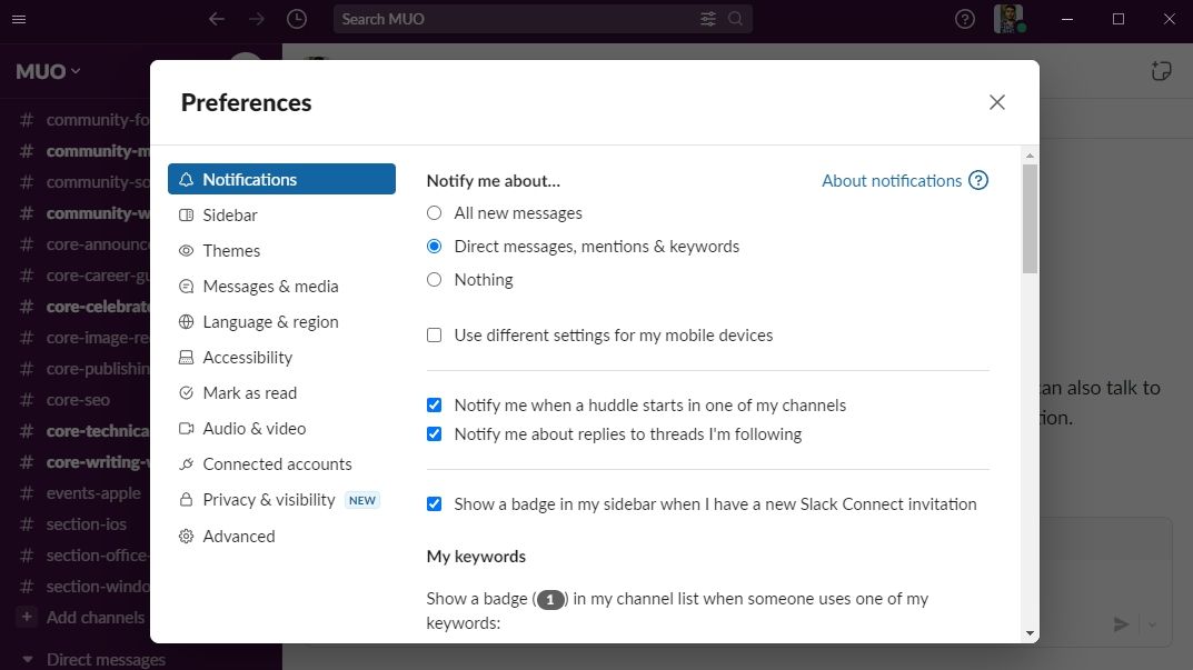 Опция "Прямые сообщения, упоминания и ключевые слова" в Slack