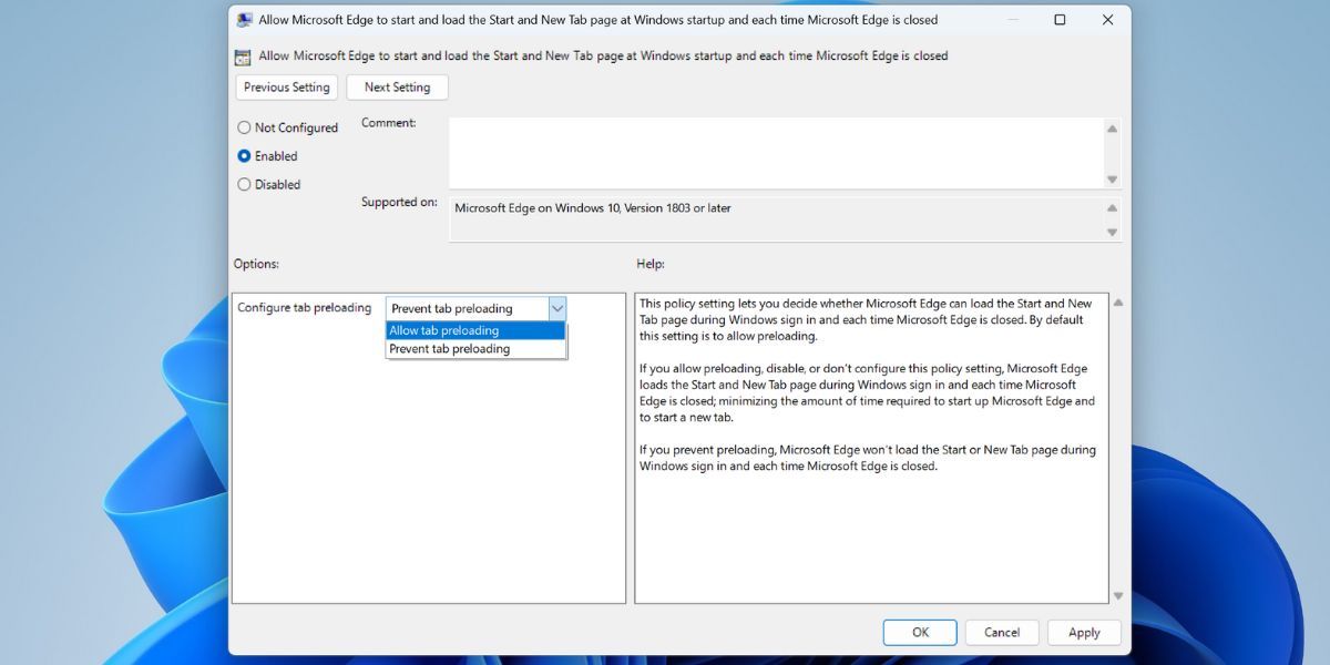 Отключите предварительную загрузку вкладок Microsoft Edge с помощью GPE 2