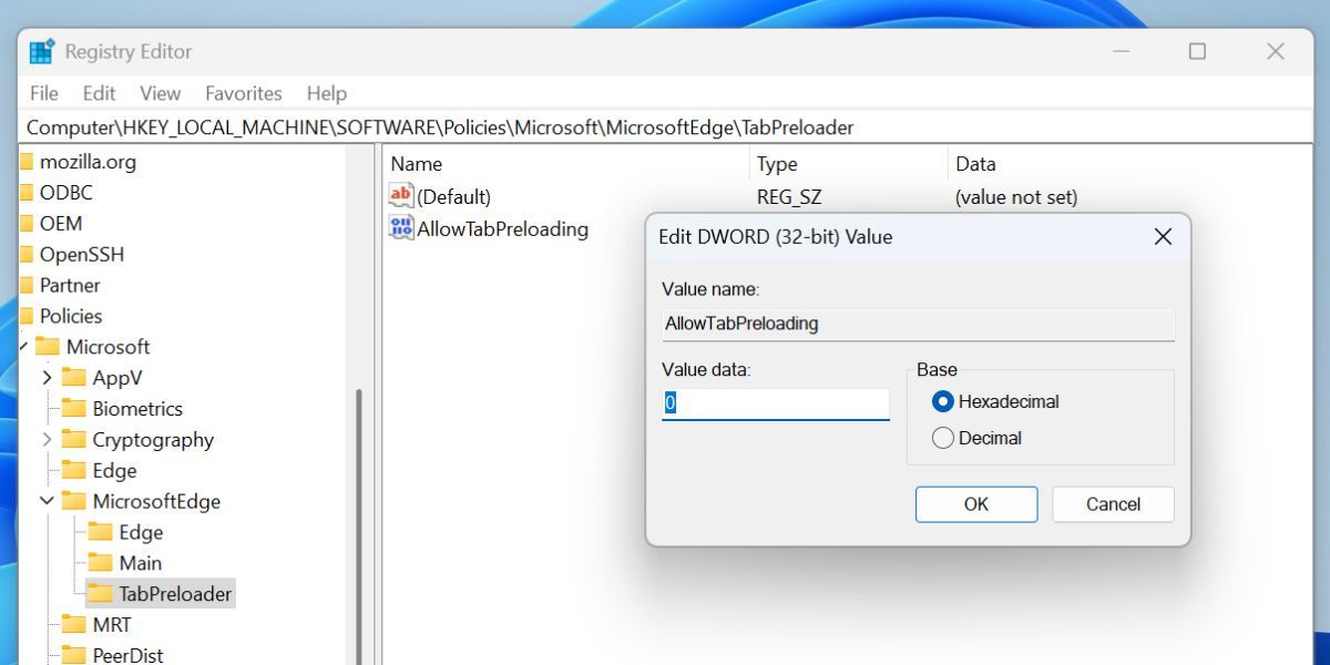 Отключите предварительную загрузку вкладки Microsoft Edge с помощью редактора реестра 2