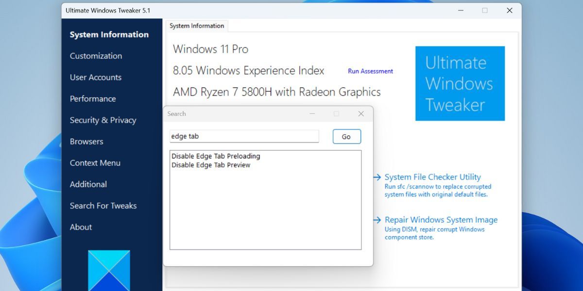 Отключите предварительную загрузку вкладок Microsoft Edge с помощью Ultimate Windows Tweaker