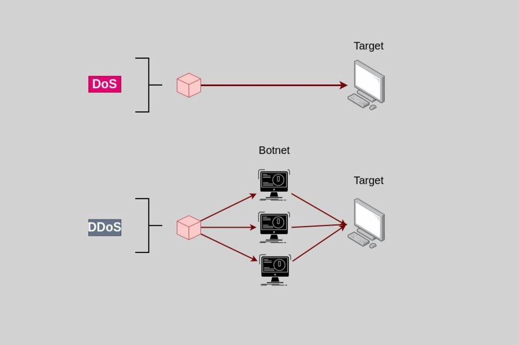A diagram showing the difference between DoS and DDoS