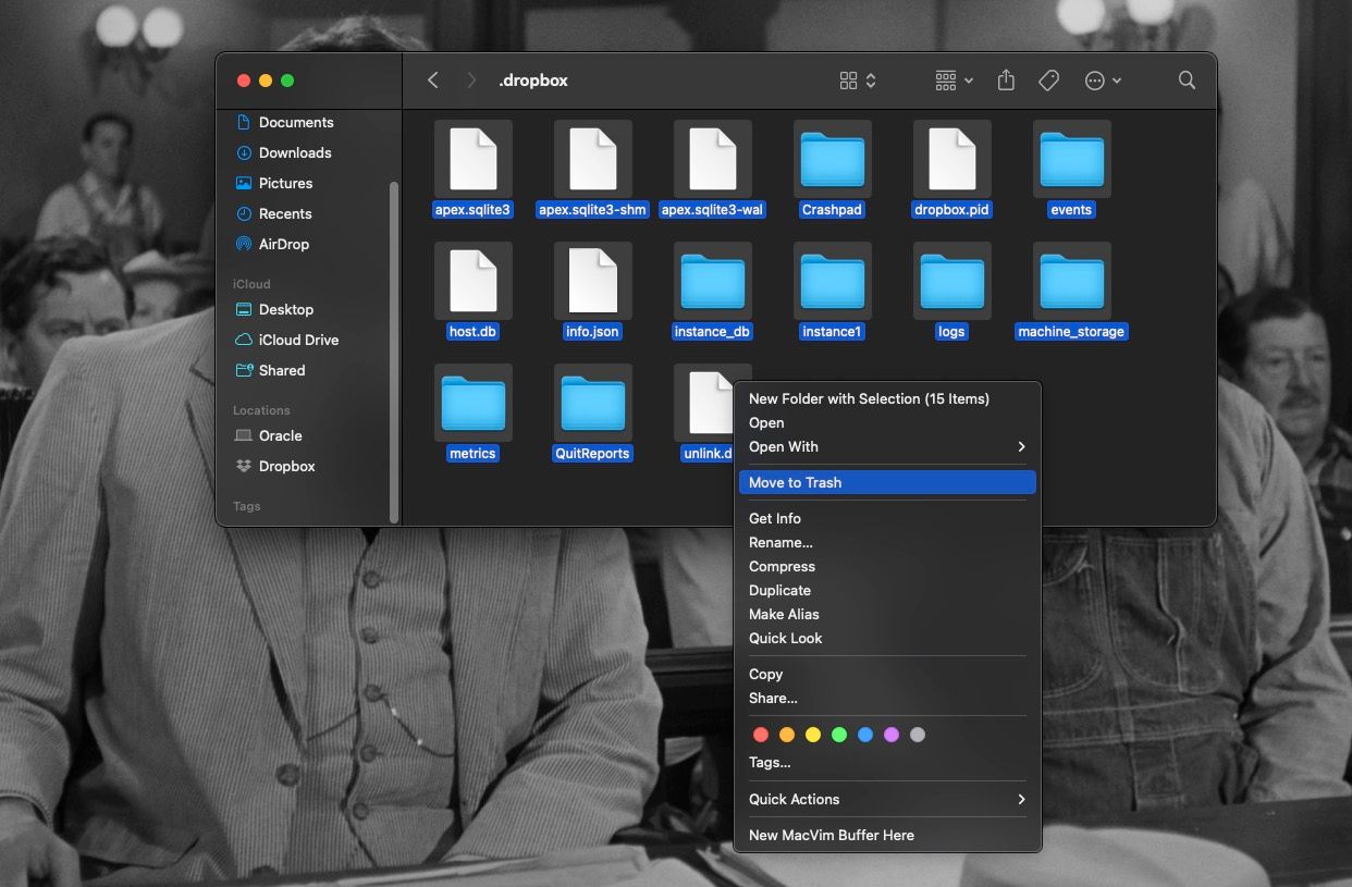 Arquivos do Dropbox encontrados na pesquisa do Finder sendo movidos para a Lixeira no Mac