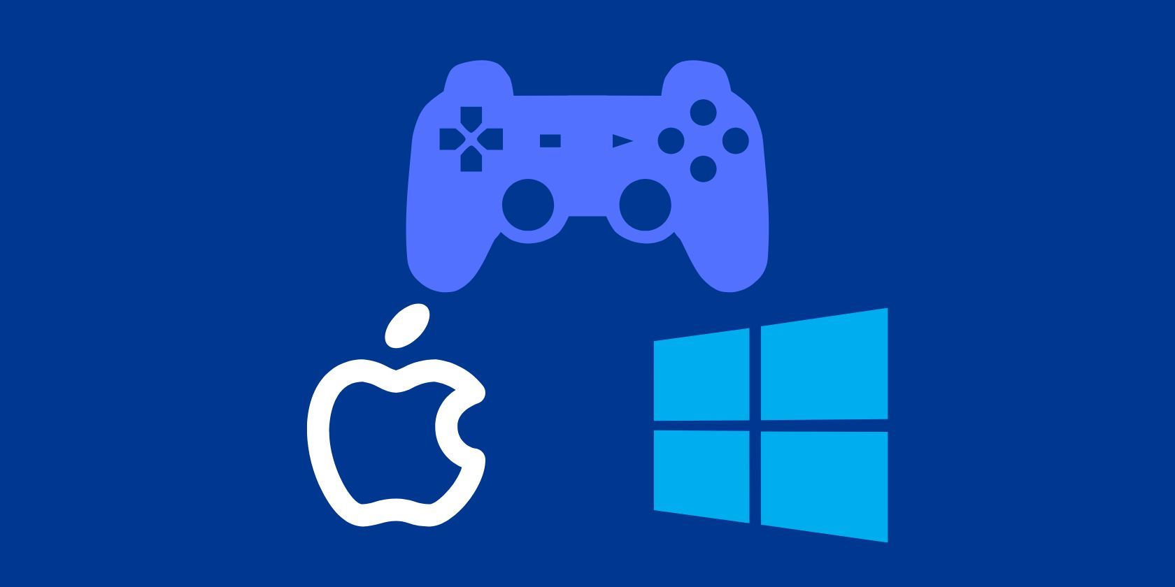 A cartoon DualShock controller above the Apple and Windows logos