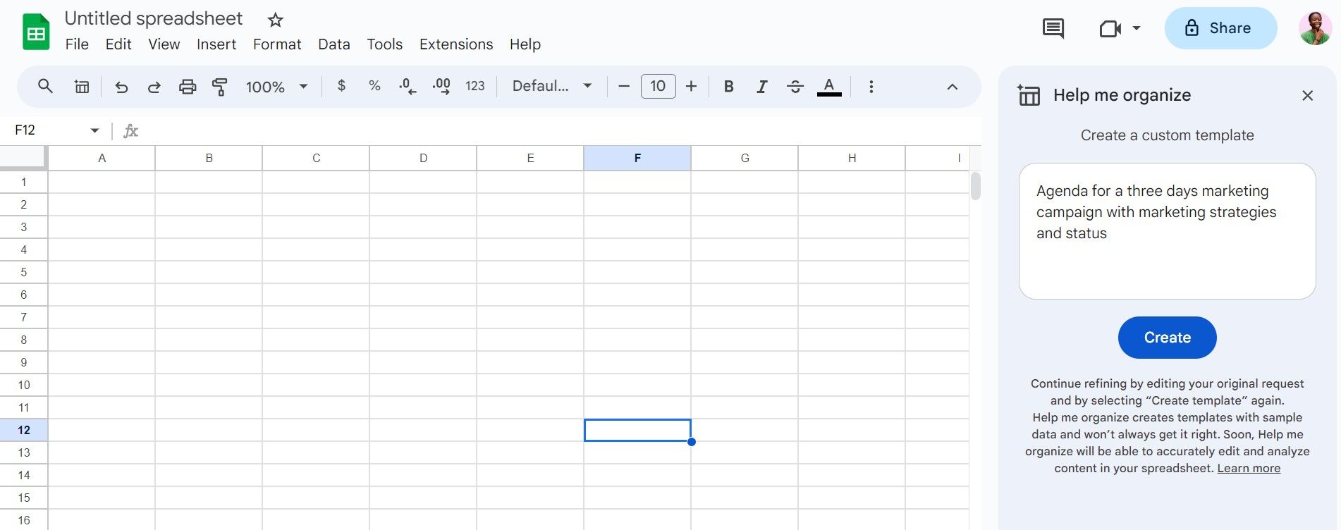 Capture d'écran de l'onglet Aidez-moi à m'organiser dans Sheet pour la création de plans personnalisés