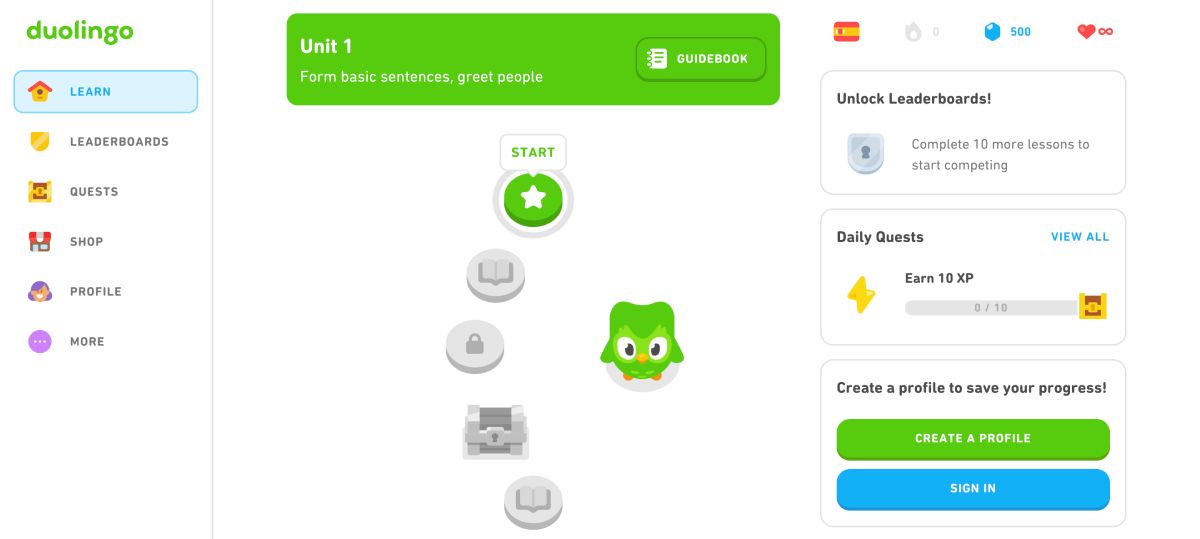 Página do Duolingo para aprender espanhol