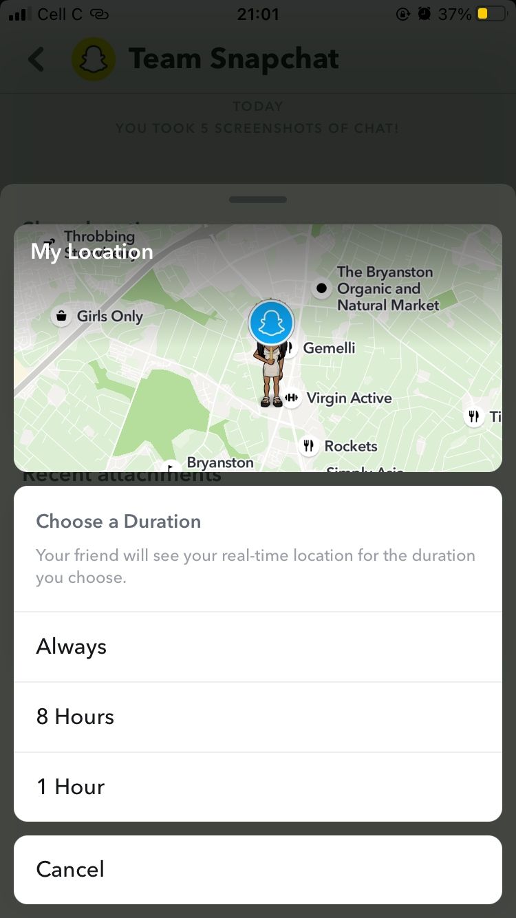duration options for live location sharing on Snapchat