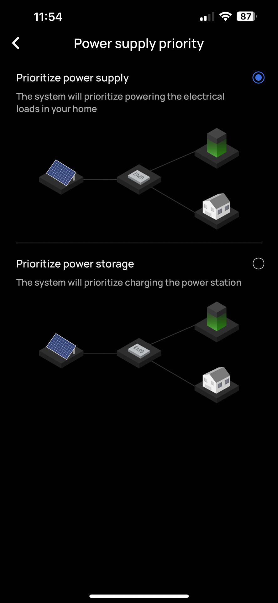 اسکرین شات های برنامه ecoflow powerstream - حالت های اولویت