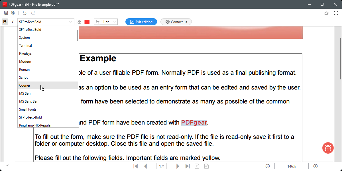 Captura de tela do PDFgear alterando o tipo de letra em um PDF