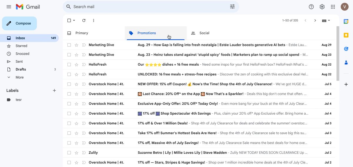 E-mails na aba de promoções do Gmail