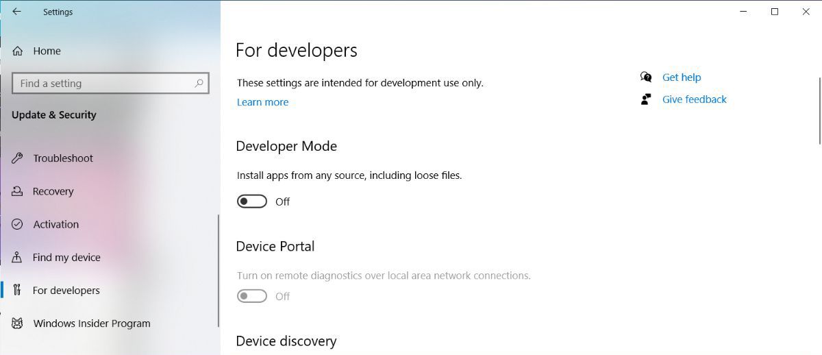 Enable Windows 10 developer mode