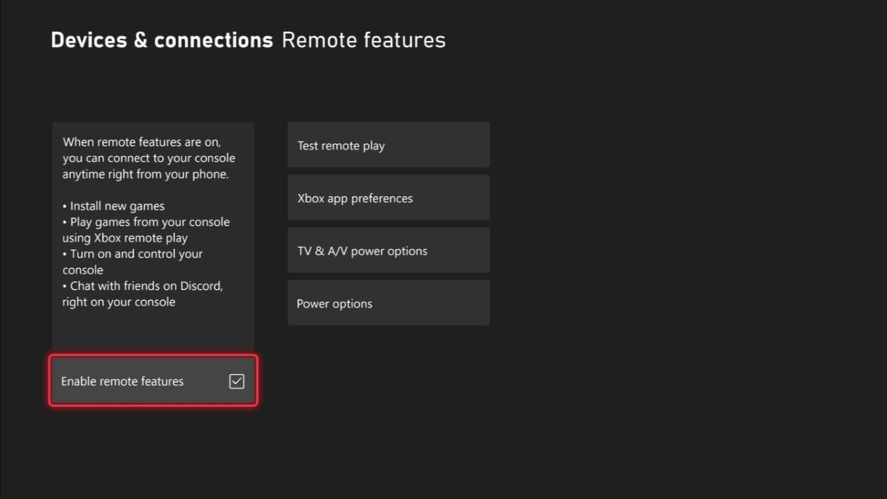 A screenshot of the Remote Features settings on Xbox Series X with Enable Remote Features highlighted