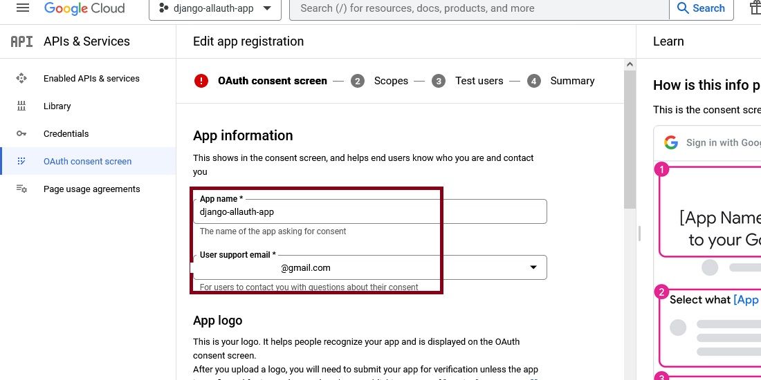 Um formulário para inserir o endereço de e-mail e o nome do aplicativo na tela de consentimento