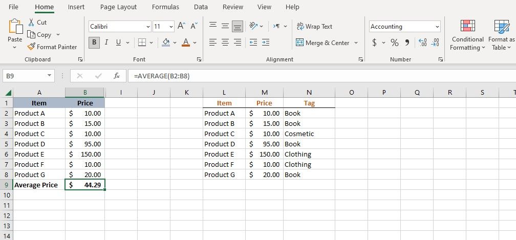 The AVERAGE function in Excel