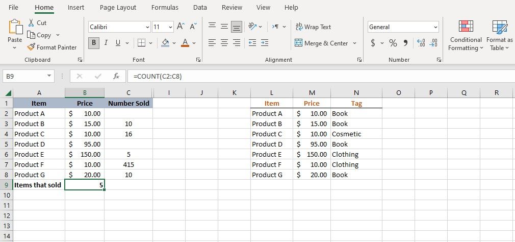 The COUNT function in Excel