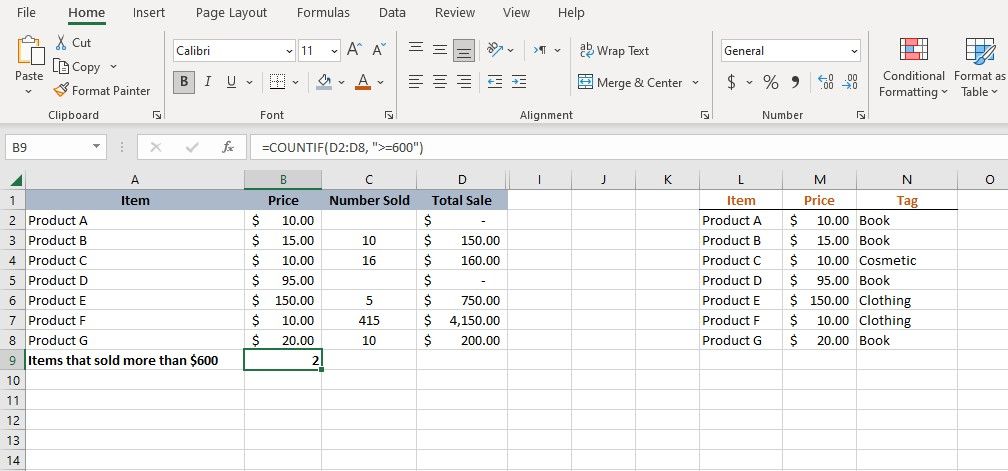 COUNTIF function in Excel