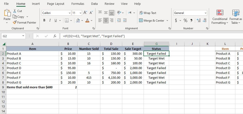 IF function in Excel