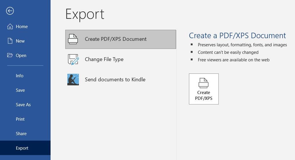 The Create PDF/XPS option