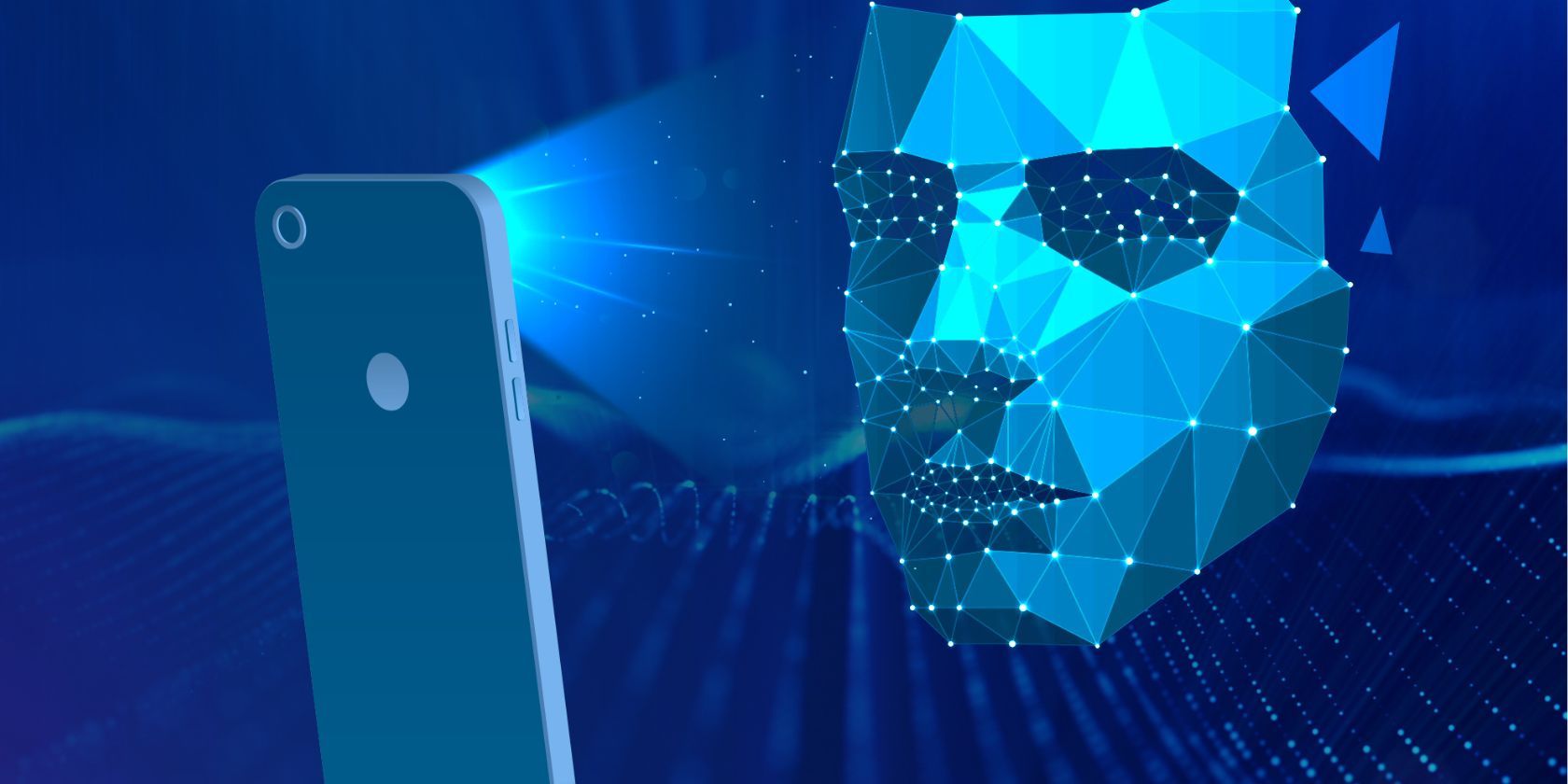 blue graphic of humanoid face being scanned by smartphone