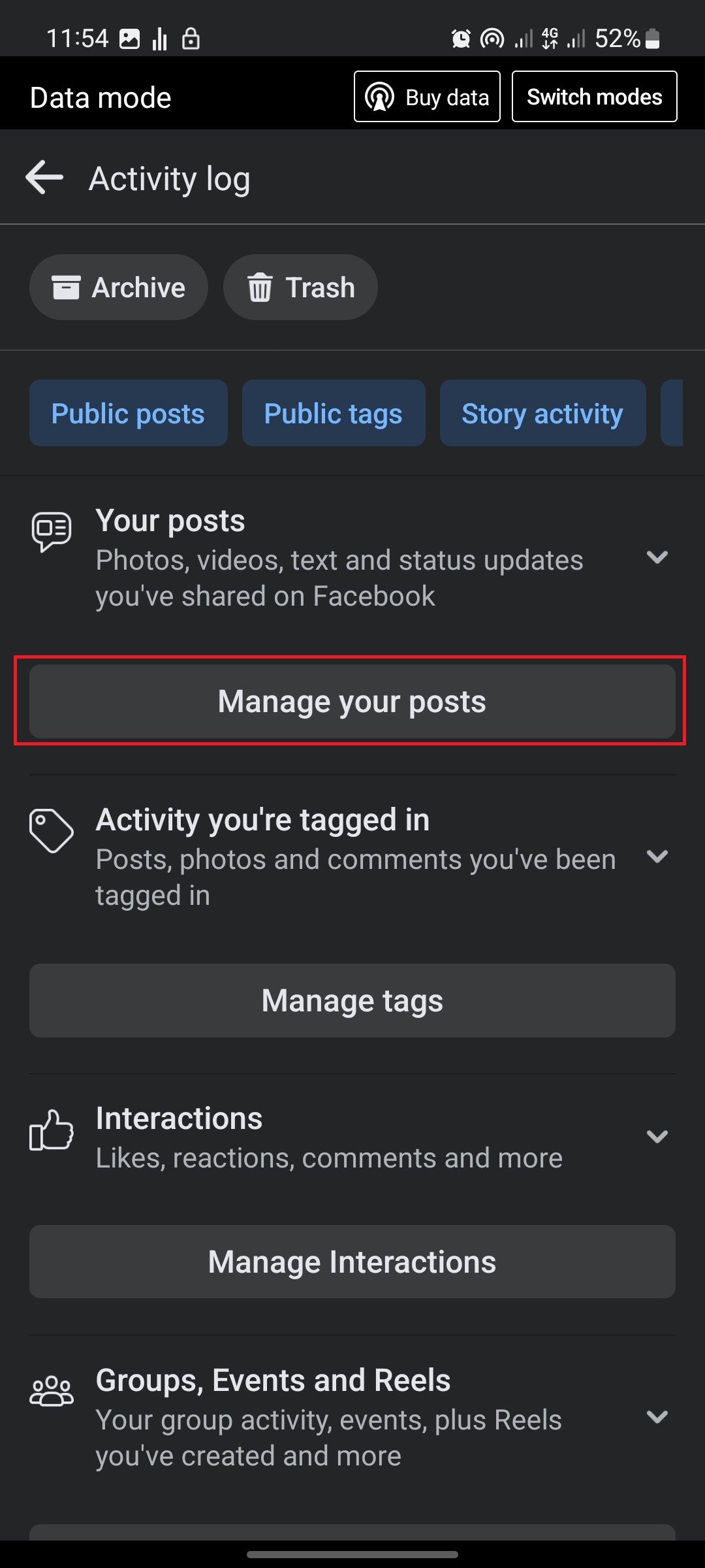 facebook activity log page screenshot
