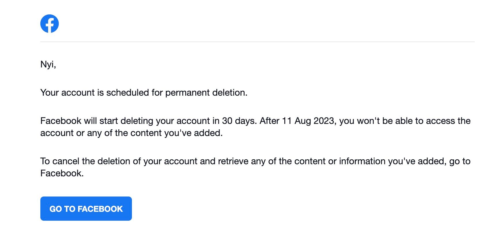 Facebook email announcing account deletion
