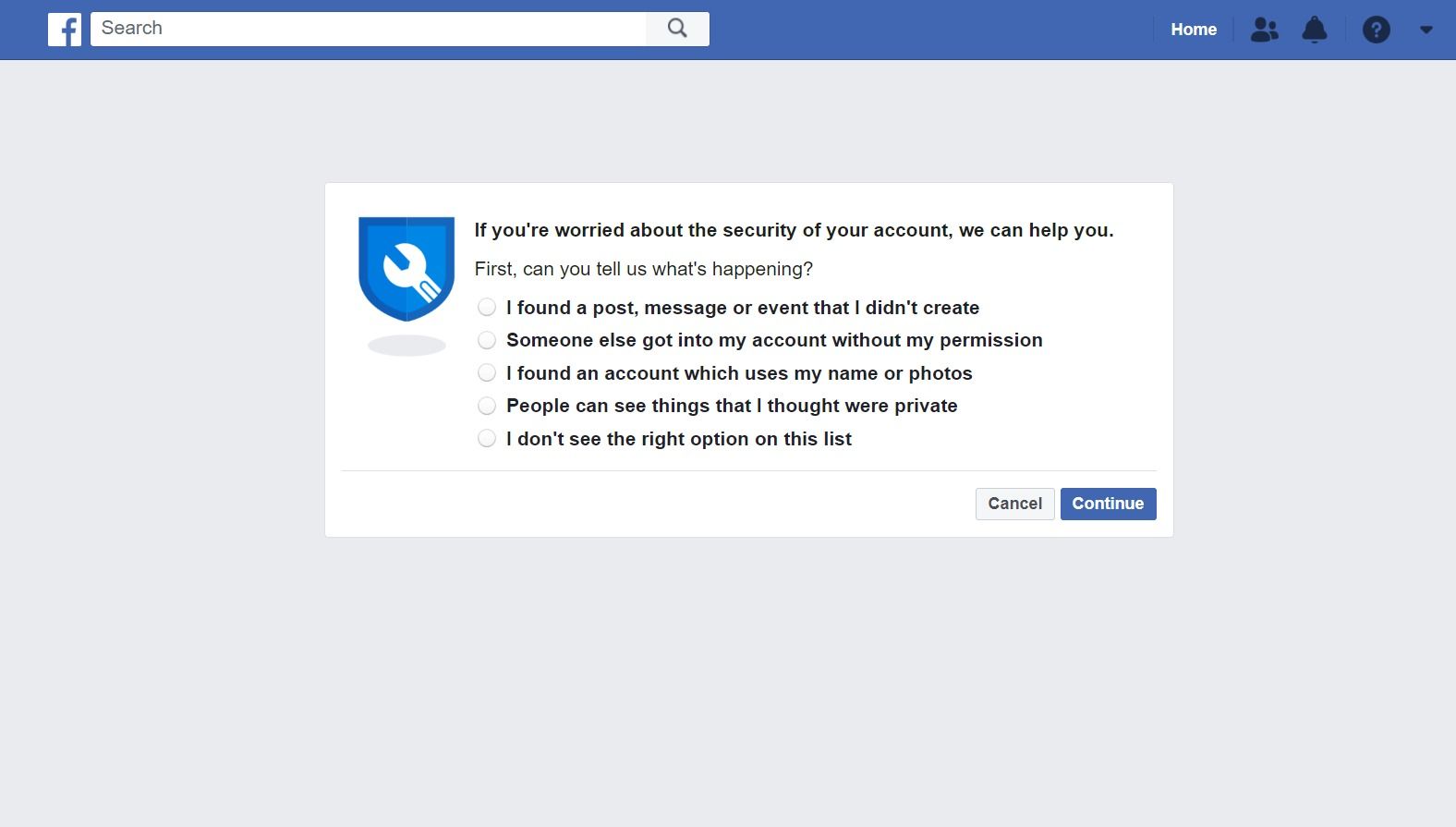 facebook hacked reporting page