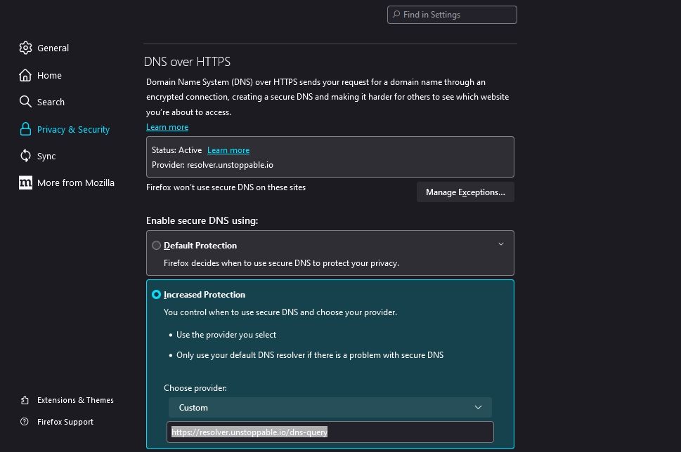 اسکرین شات تنظیمات dns فایرفاکس